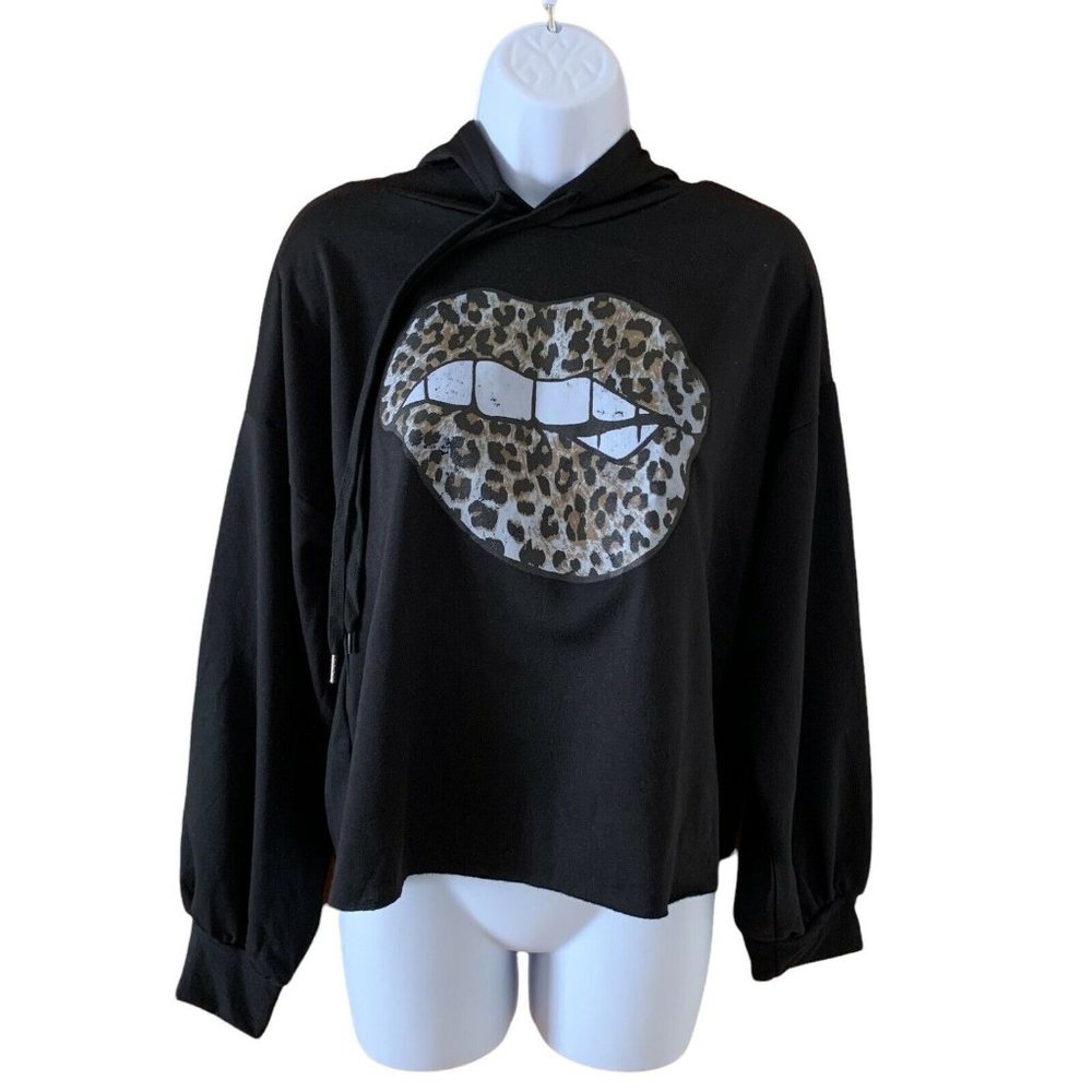 Rolling Stones Inspired Lip Graphic Hoodie Crop Length Black Color Size Medium